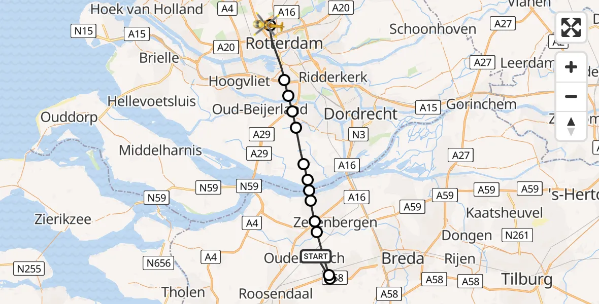 Vluchtroute Traumahelikopter Oudenbosch - Rotterdam The Hague Airport, 15 mei 2026, 06:23