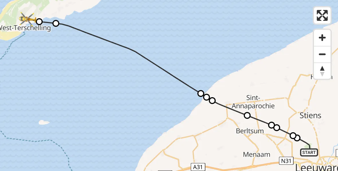 Vluchtroute Ambulancehelikopter Vliegbasis Leeuwarden - West-Terschelling, 15 mei 2026, 08:13