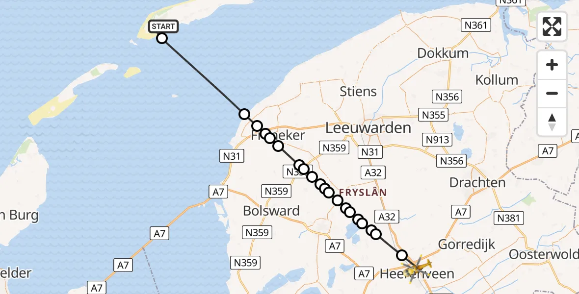 Vluchtroute Ambulancehelikopter West-Terschelling - Heerenveen, 15 mei 2026, 09:11