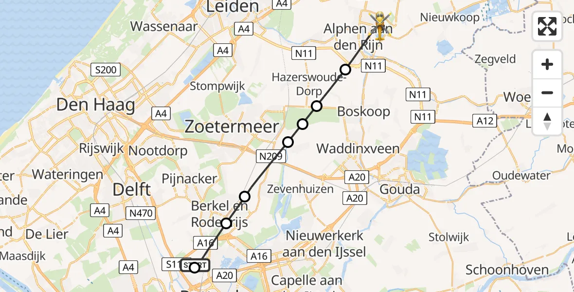 Vluchtroute Traumahelikopter Rotterdam The Hague Airport - Alphen aan den Rijn, 15 mei 2026, 09:21