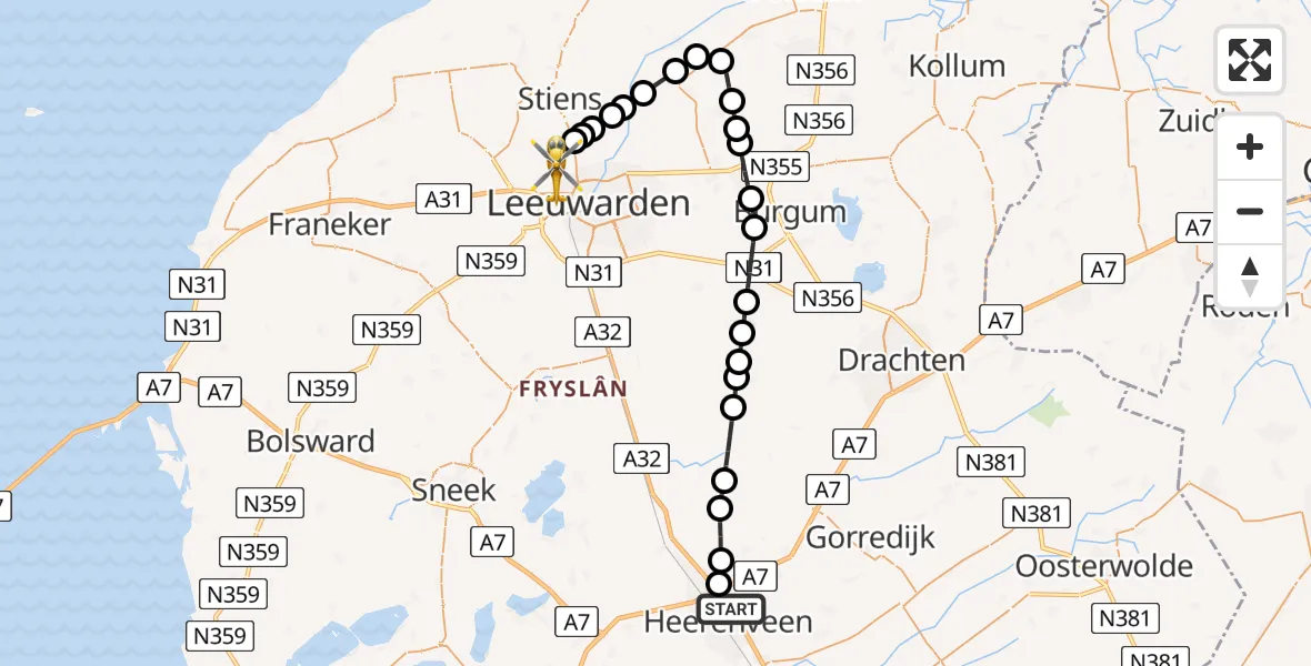 Vluchtroute Ambulancehelikopter Heerenveen - Vliegbasis Leeuwarden, 15 mei 2026, 09:53