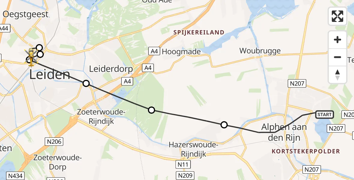 Vluchtroute Traumahelikopter Alphen aan den Rijn - Leiden University Medical Center Heliport, 15 mei 2026, 09:56