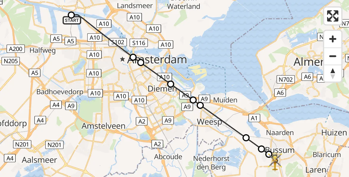 Vluchtroute Traumahelikopter Amsterdam Heliport - Bussum, 15 mei 2026, 10:58