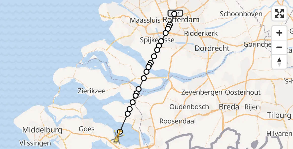 Vluchtroute Traumahelikopter Rotterdam The Hague Airport - Oosterschelde, 15 mei 2026, 11:10