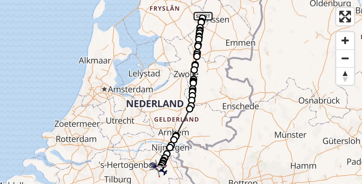Vluchtroute Politiehelikopter Oosterwolde - Vliegbasis Volkel, 15 mei 2026, 11:38