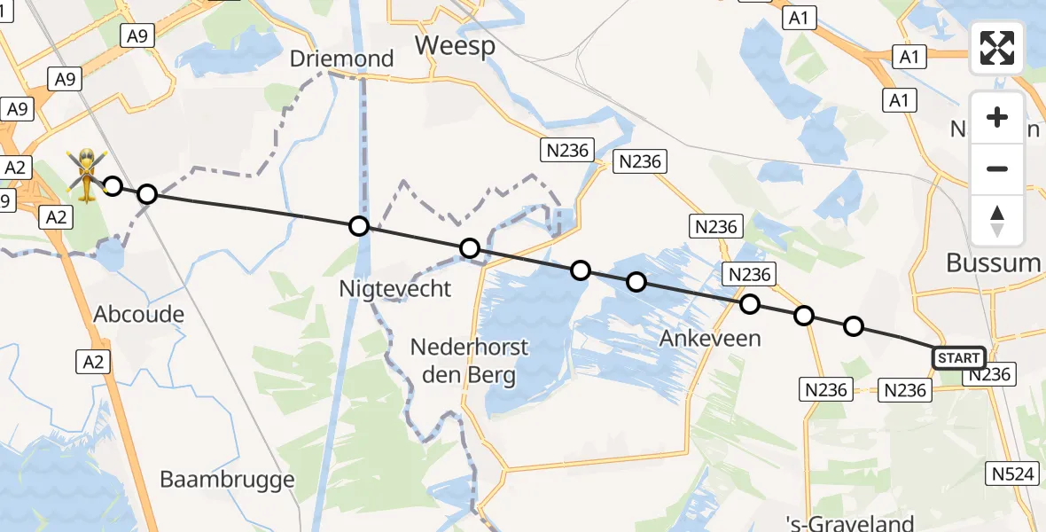 Vluchtroute Traumahelikopter Bussum - Amsterdam UMC Helipad, 15 mei 2026, 11:38