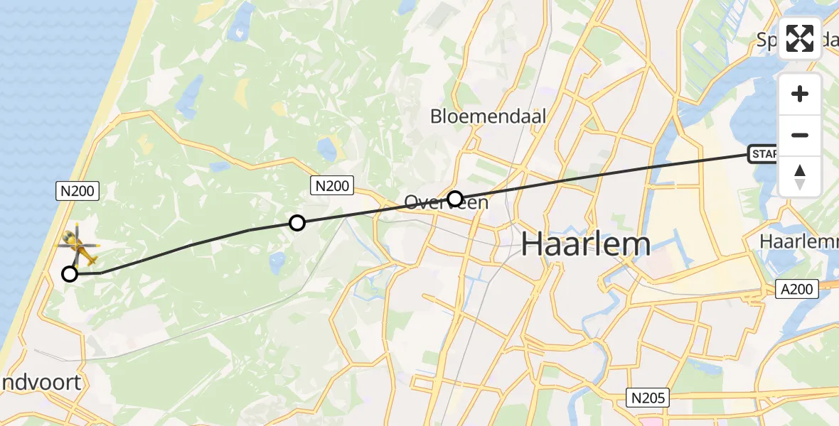 Vluchtroute Traumahelikopter Haarlem - CM.com Circuit Zandvoort Heliport, 15 mei 2026, 12:39