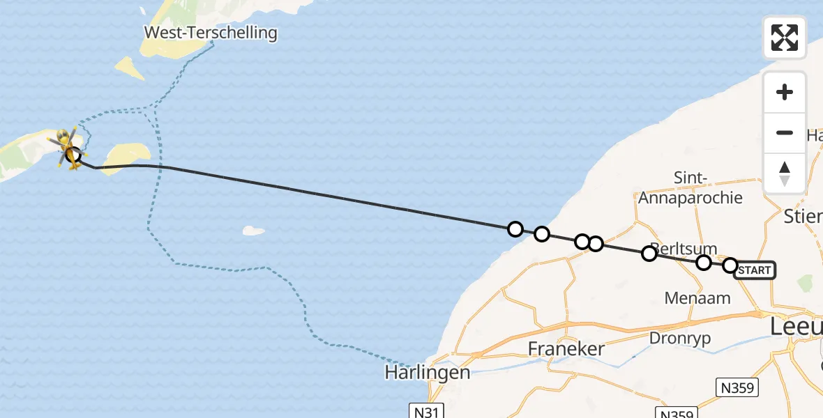 Vluchtroute Ambulancehelikopter Bitgummole - Vlieland Heliport, 15 mei 2026, 12:39