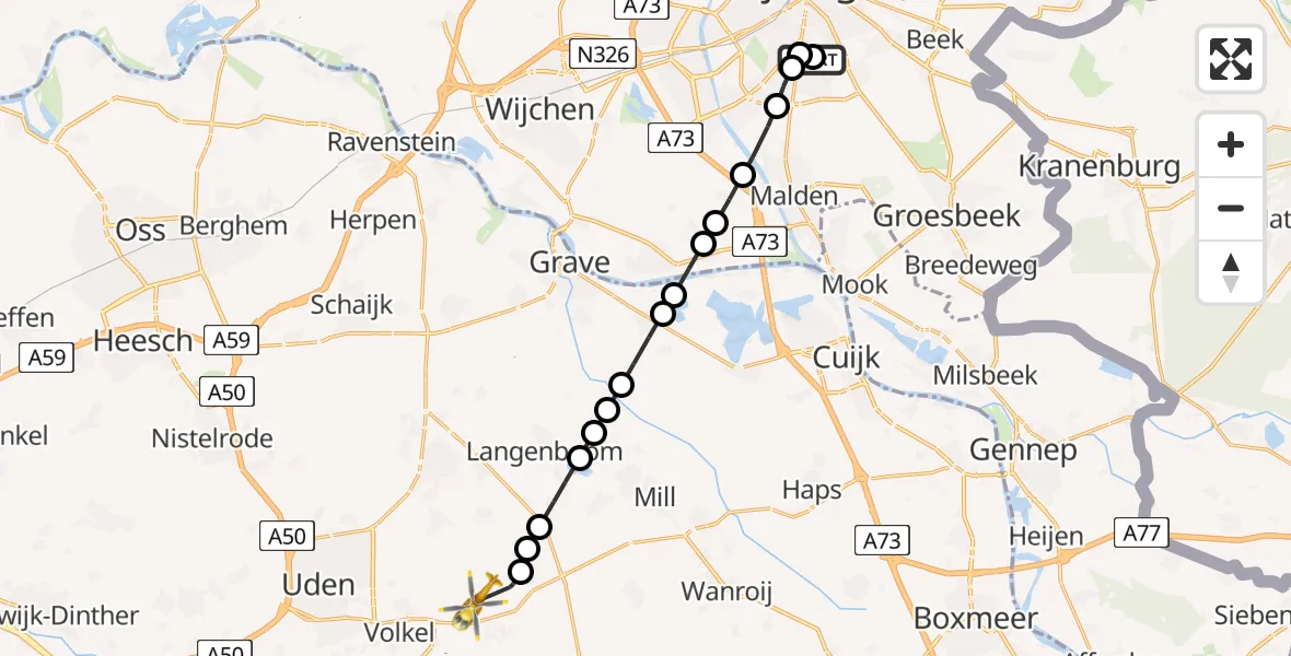 Vluchtroute Traumahelikopter Radboud Universitair Medisch Centrum - Vliegbasis Volkel, 15 mei 2026, 12:42