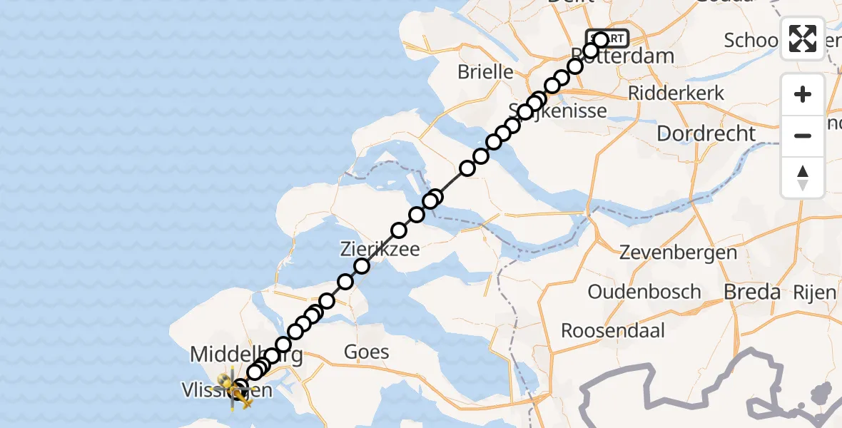 Vluchtroute Traumahelikopter Rotterdam The Hague Airport - Damen Yachting Helipad, 15 mei 2026, 14:50