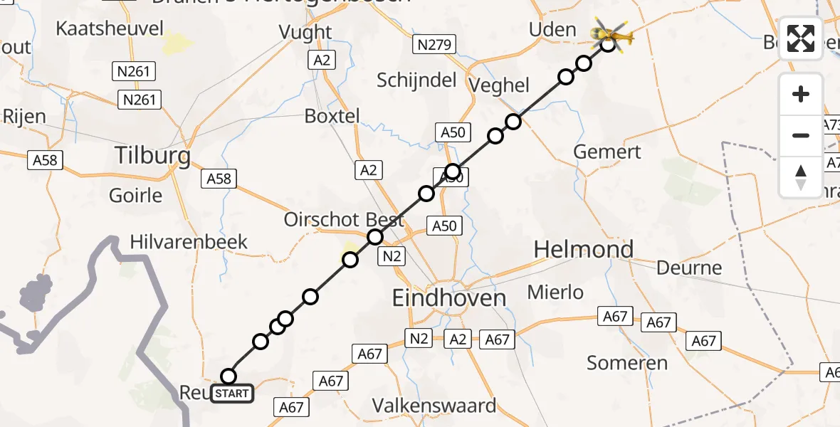 Vluchtroute Traumahelikopter Reusel - Vliegbasis Volkel, 15 mei 2026, 15:35