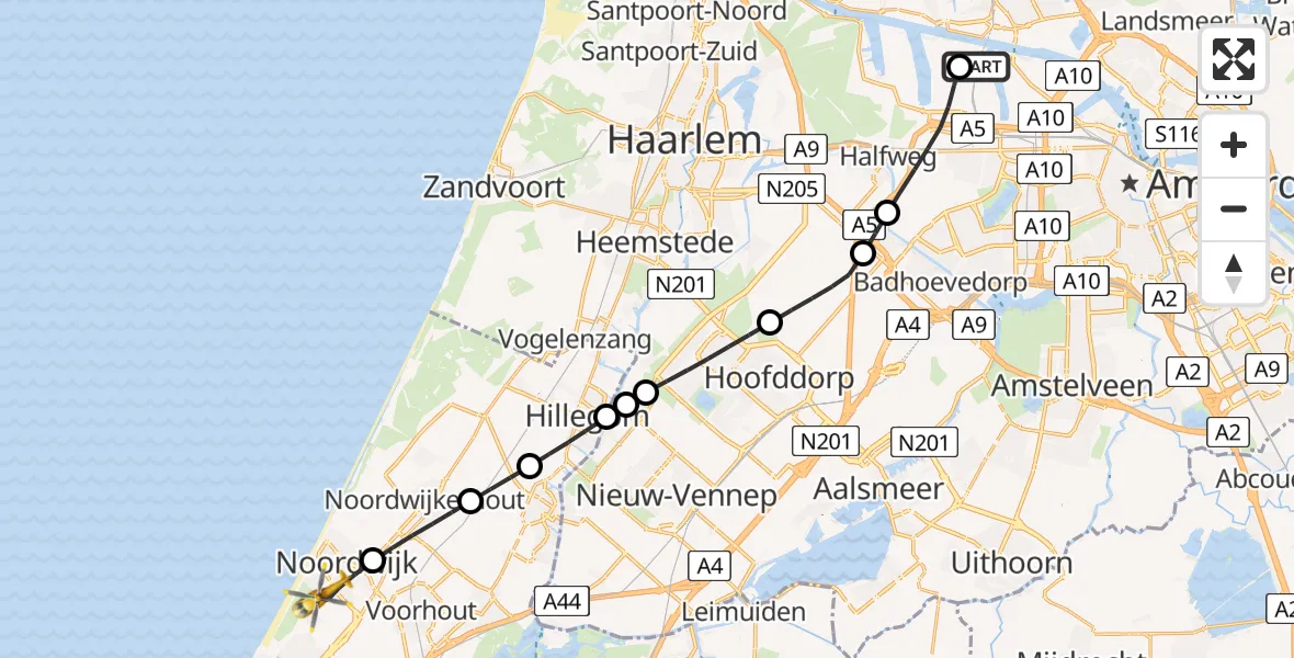 Vluchtroute Traumahelikopter Amsterdam Heliport - Noordwijk, 15 mei 2026, 17:05