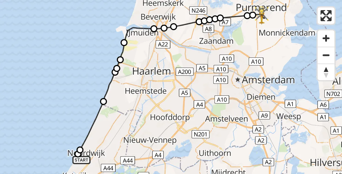 Vluchtroute Traumahelikopter Noordwijk - Purmerend, 15 mei 2026, 17:45