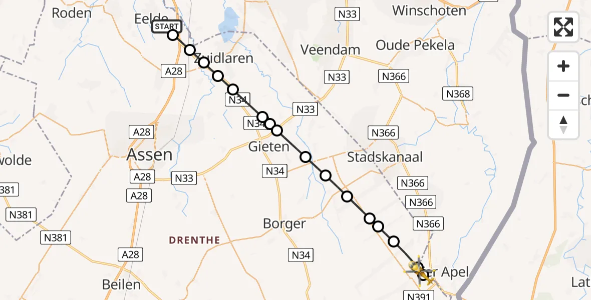 Vluchtroute Traumahelikopter Groningen Airport Eelde - Nieuw-Weerdinge, 15 mei 2026, 18:22