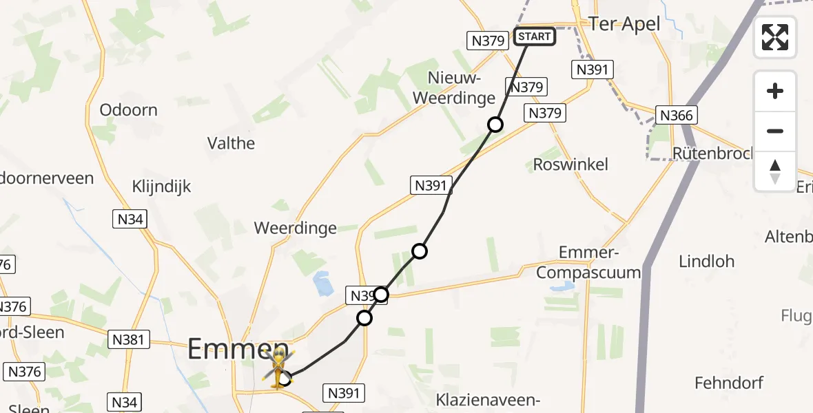 Vluchtroute Traumahelikopter Nieuw-Weerdinge - Scheper Ziekenhuis Helipad, 15 mei 2026, 19:00