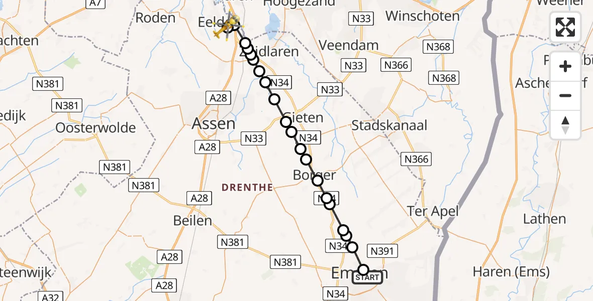 Vluchtroute Traumahelikopter Scheper Ziekenhuis Helipad - Groningen Airport Eelde, 15 mei 2026, 19:47