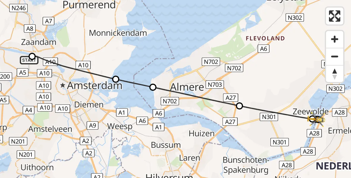 Vluchtroute Traumahelikopter Amsterdam Heliport - Zeewolde, 15 mei 2026, 21:28