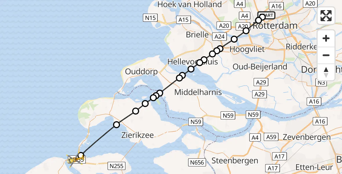 Vluchtroute Traumahelikopter Rotterdam The Hague Airport - Kamperland, 15 mei 2026, 21:57