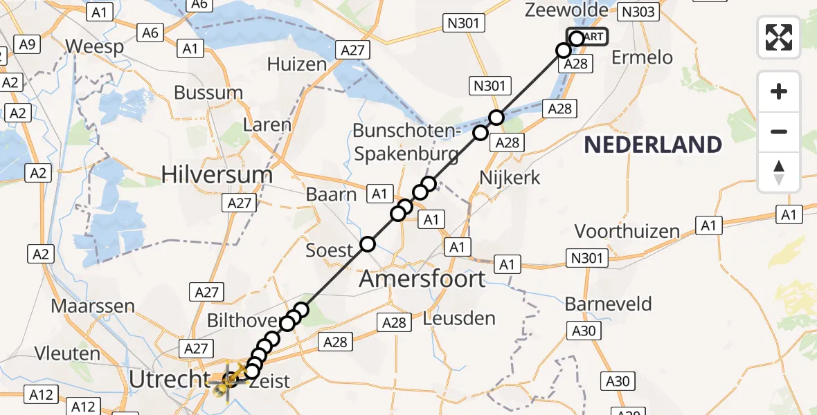 Vluchtroute Traumahelikopter Ermelo - University Medical Center Utrecht Heliport, 15 mei 2026, 22:09