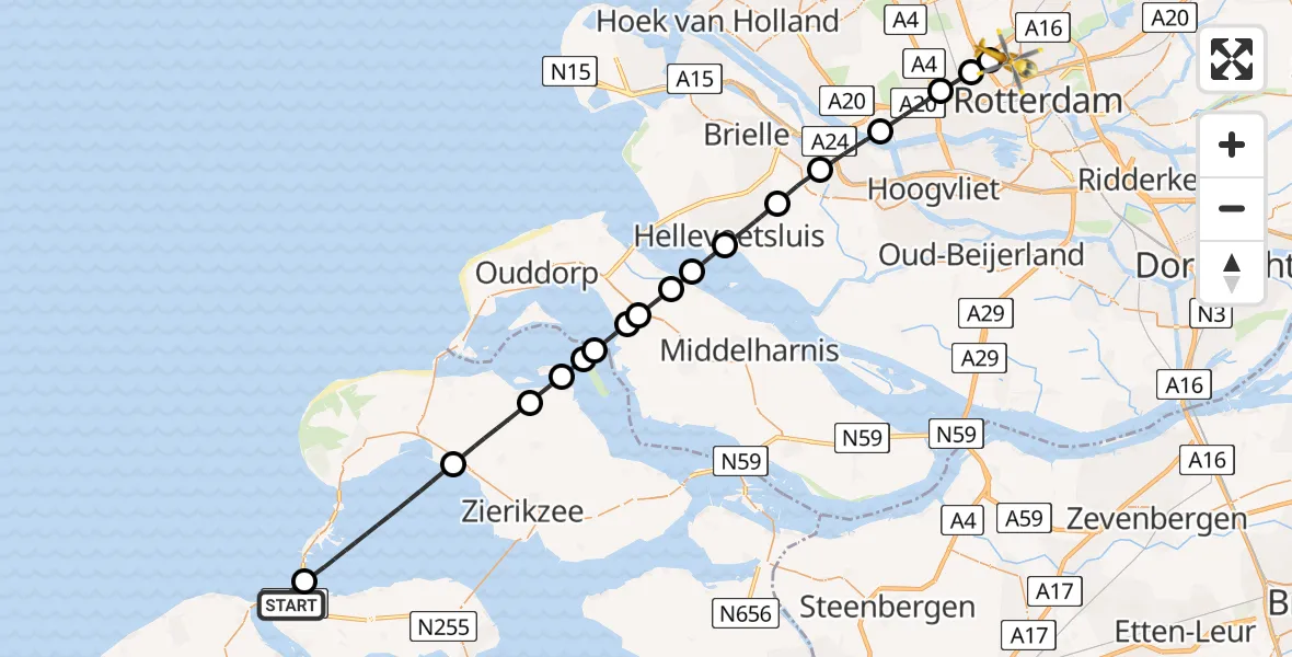 Vluchtroute Traumahelikopter Kamperland - Rotterdam The Hague Airport, 15 mei 2026, 22:35