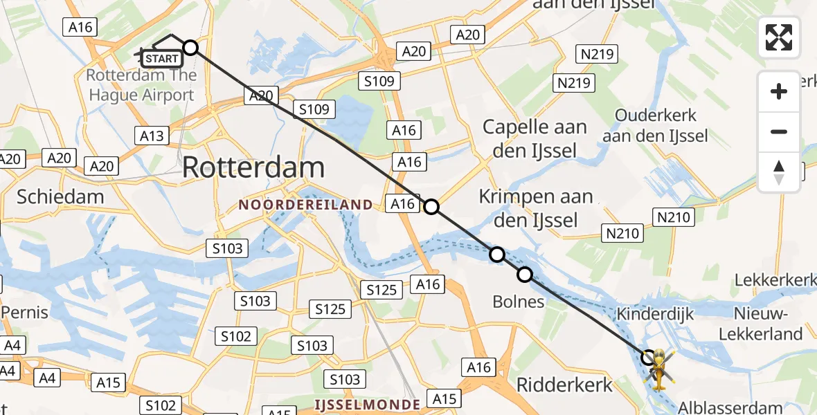 Vluchtroute Traumahelikopter Rotterdam The Hague Airport - Alblasserdam, 15 mei 2026, 23:25
