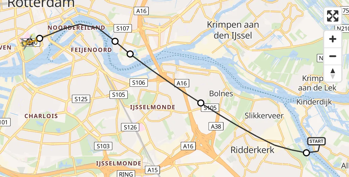 Vluchtroute Traumahelikopter Alblasserdam - Leids Universitair Medisch Centrum (LUMC), 15 mei 2026, 23:54