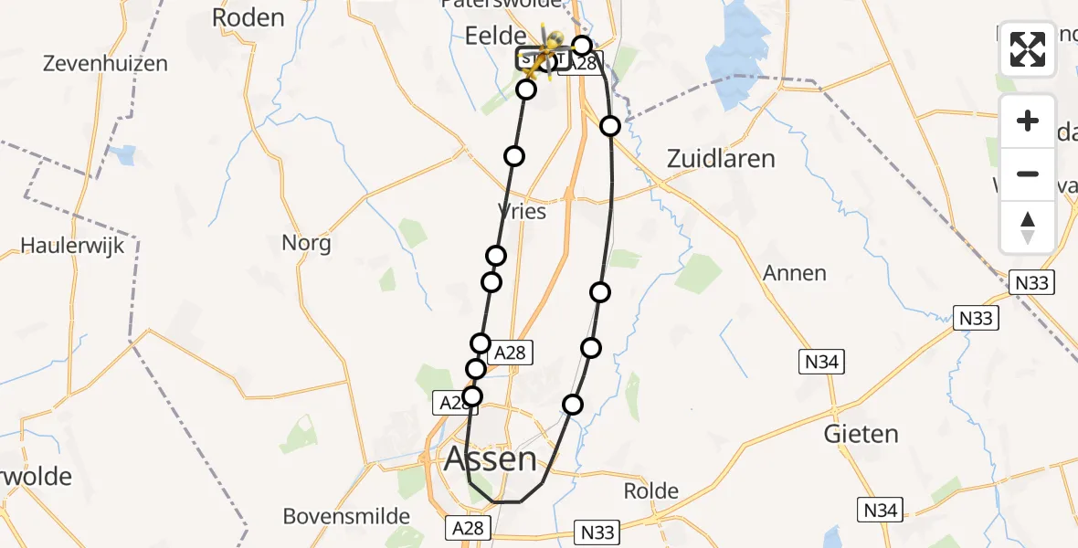 Vluchtroute Traumahelikopter Groningen Airport Eelde - Groningen Airport Eelde, 16 mei 2026, 00:19