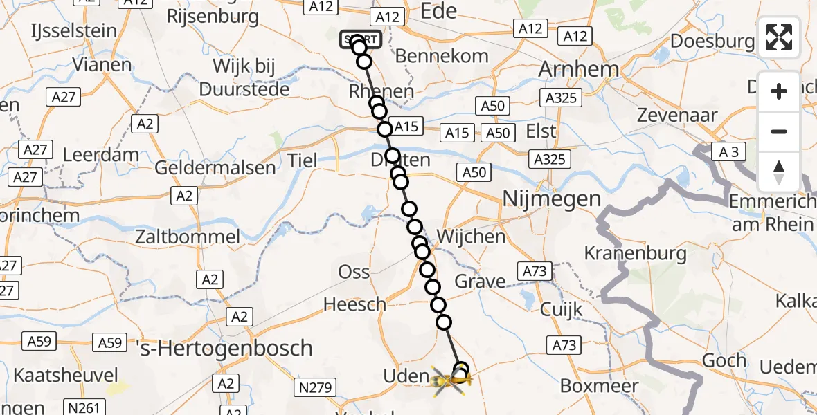 Vluchtroute Traumahelikopter Veenendaal - Vliegbasis Volkel, 16 mei 2026, 00:23