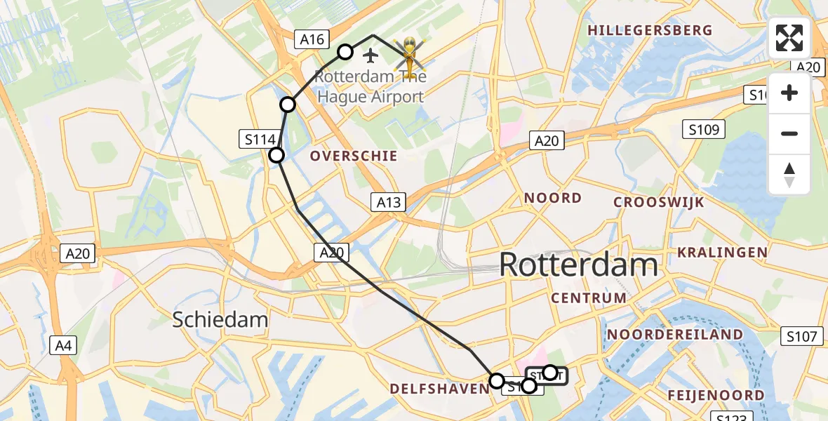 Vluchtroute Traumahelikopter Leids Universitair Medisch Centrum (LUMC) - Rotterdam The Hague Airport, 16 mei 2026, 00:23