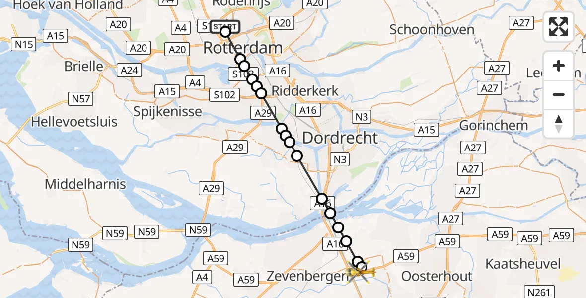 Vluchtroute Traumahelikopter Rotterdam The Hague Airport - Terheijden, 16 mei 2026, 00:47