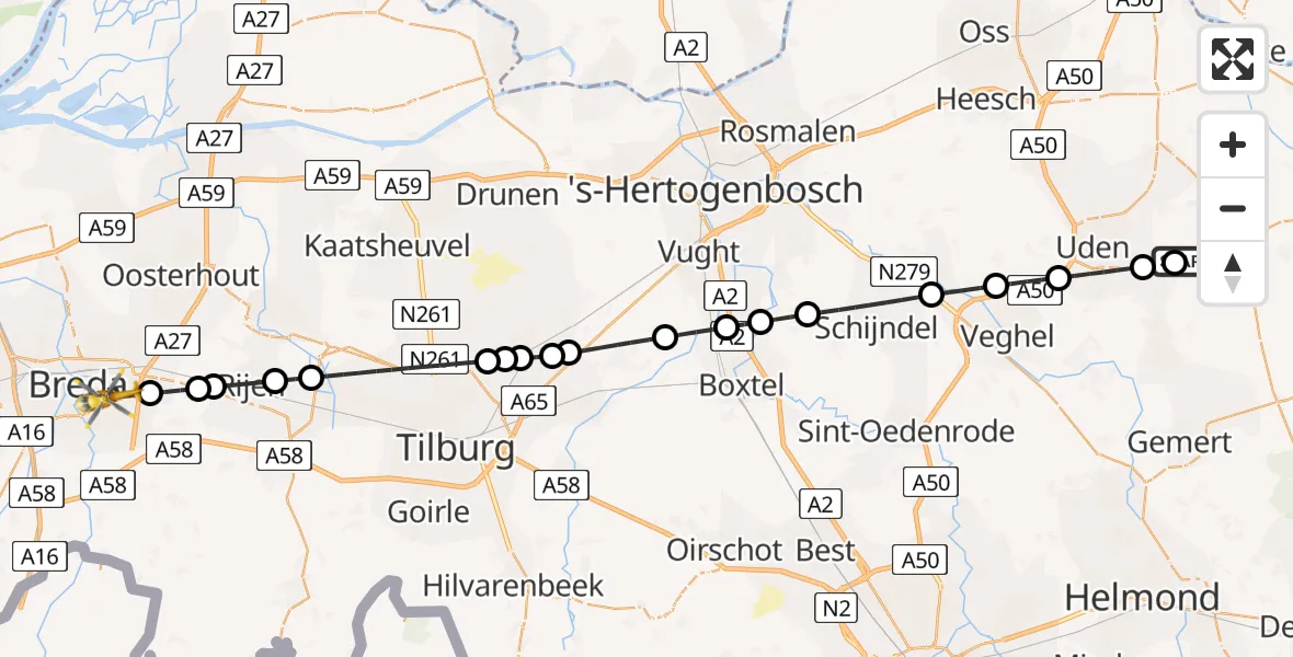Vluchtroute Traumahelikopter Vliegbasis Volkel - Breda, 16 mei 2026, 01:20