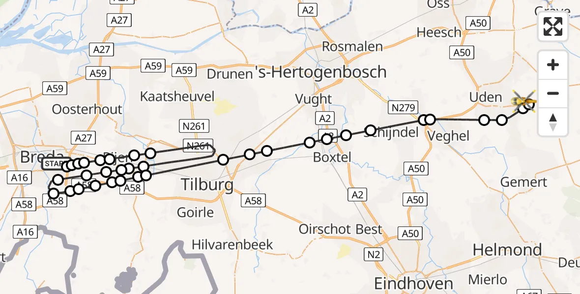Vluchtroute Traumahelikopter Breda - Vliegbasis Volkel, 16 mei 2026, 01:50