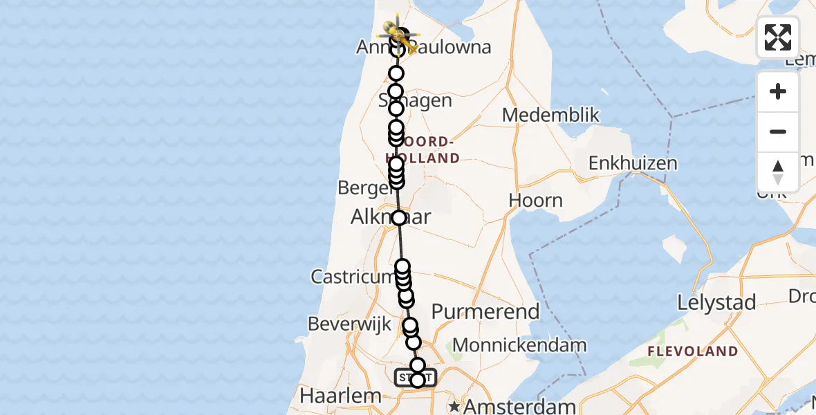 Vluchtroute Traumahelikopter Amsterdam Heliport - Anna Paulowna, 16 mei 2026, 02:53