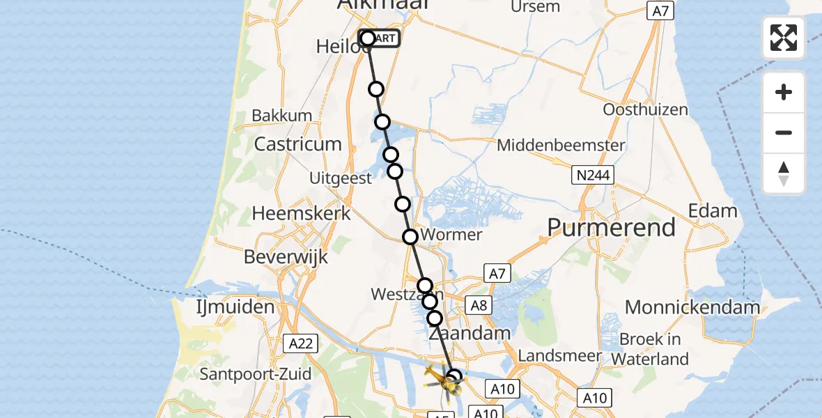 Vluchtroute Traumahelikopter Alkmaar - Amsterdam Heliport, 16 mei 2026, 04:23
