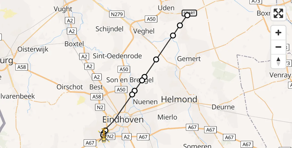 Vluchtroute Traumahelikopter Vliegbasis Volkel - Maxima Medisch Centrum Heliport, 16 mei 2026, 04:37