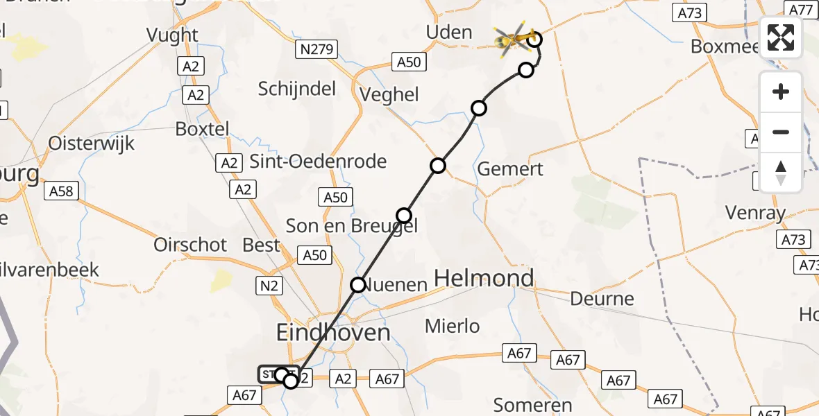 Vluchtroute Traumahelikopter Veldhoven - Vliegbasis Volkel, 16 mei 2026, 05:21