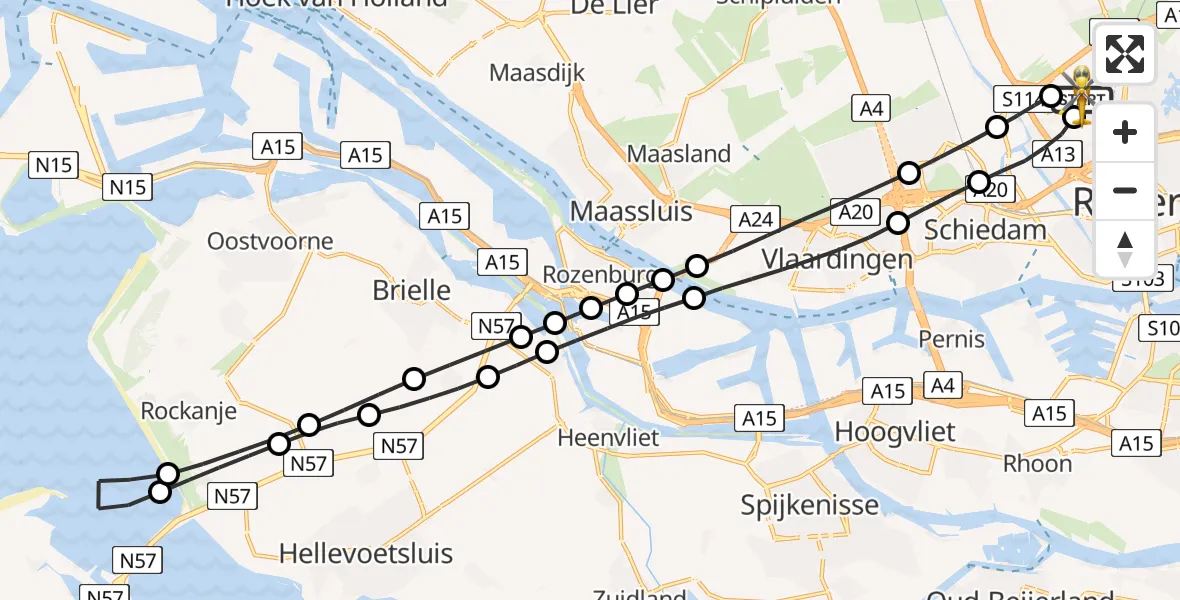 Vluchtroute Traumahelikopter Rotterdam The Hague Airport - Rotterdam The Hague Airport, 16 mei 2026, 06:31