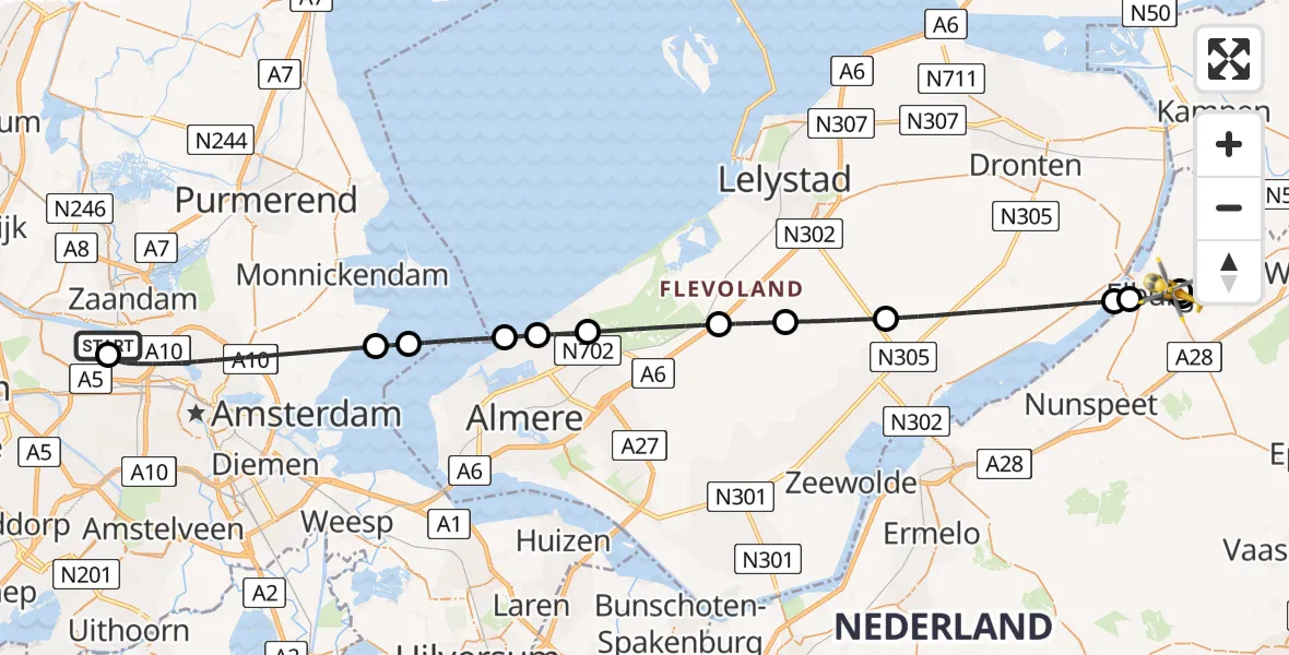Vluchtroute Traumahelikopter Amsterdam Heliport - Elburg, 16 mei 2026, 06:58