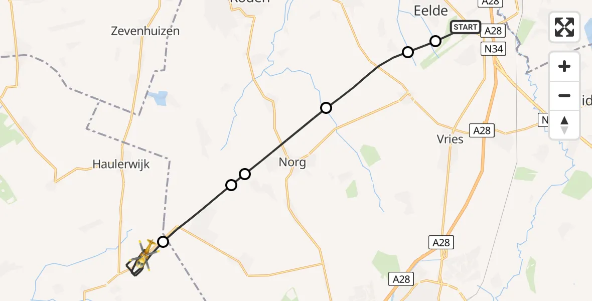 Vluchtroute Traumahelikopter Groningen Airport Eelde - Oosterwolde, 16 mei 2026, 09:15