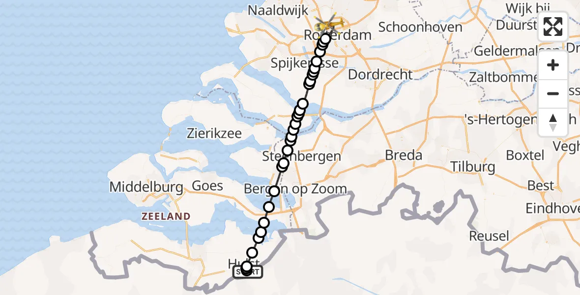 Vluchtroute Traumahelikopter Clinge - Rotterdam The Hague Airport, 16 mei 2026, 09:18