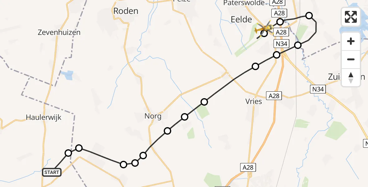 Vluchtroute Traumahelikopter Oosterwolde - Groningen Airport Eelde, 16 mei 2026, 09:55