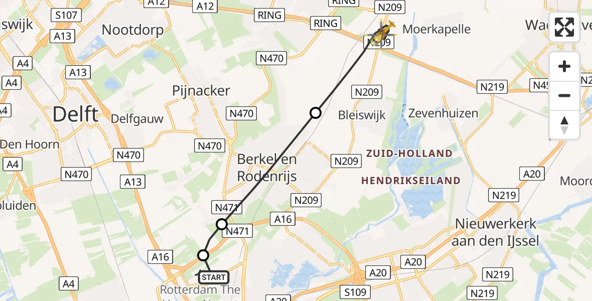 Vluchtroute Traumahelikopter Rotterdam The Hague Airport - Bleiswijk, 16 mei 2026, 10:12