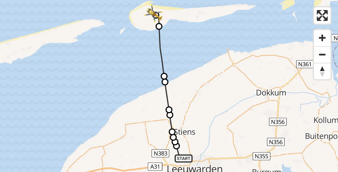 Vluchtroute Ambulancehelikopter Vliegbasis Leeuwarden - Ameland Vliegveld Ballum, 16 mei 2026, 10:15
