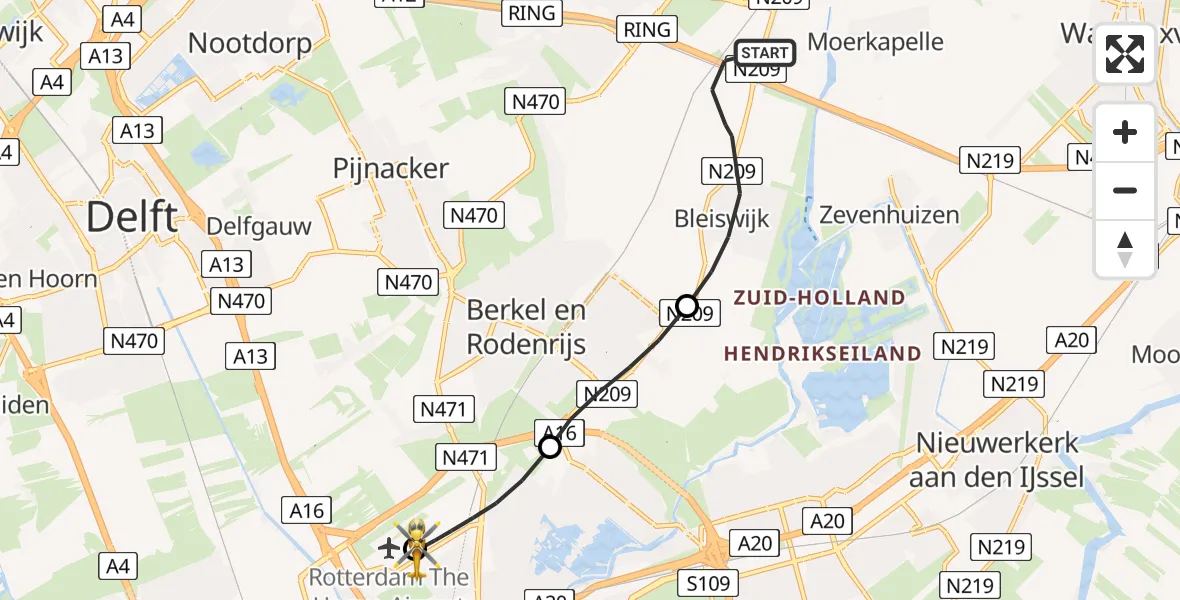 Vluchtroute Traumahelikopter Bleiswijk - Rotterdam The Hague Airport, 16 mei 2026, 10:40