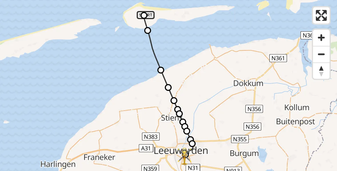 Vluchtroute Ambulancehelikopter Ameland Vliegveld Ballum - Leeuwarden Medical Center Heliport, 16 mei 2026, 10:42