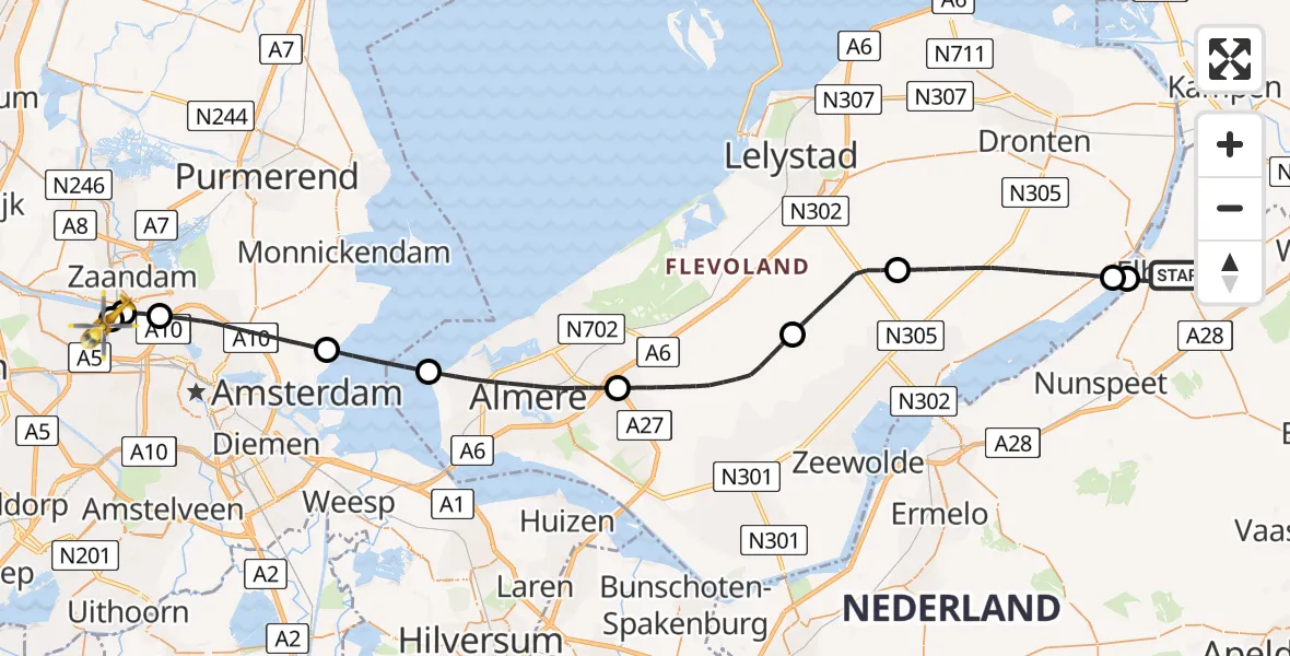 Vluchtroute Traumahelikopter Elburg - Amsterdam Heliport, 16 mei 2026, 10:53