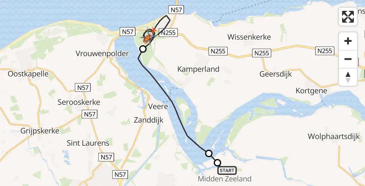 Vluchtroute Kustwachthelikopter Vliegveld Midden-Zeeland - Kamperland, 16 mei 2026, 12:20