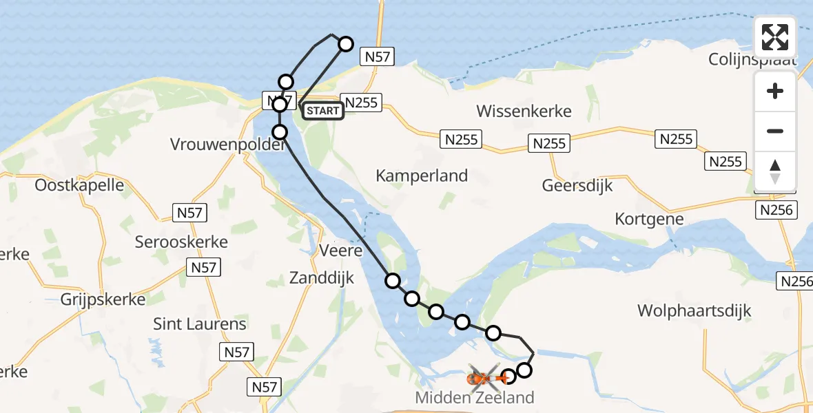 Vluchtroute Kustwachthelikopter Kamperland - Vliegveld Midden-Zeeland, 16 mei 2026, 12:39