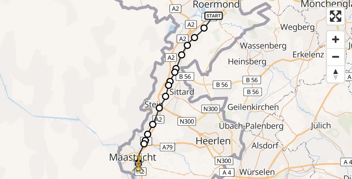 Vluchtroute Traumahelikopter Sint Odiliënberg - Maastricht UMC+, 16 mei 2026, 13:17
