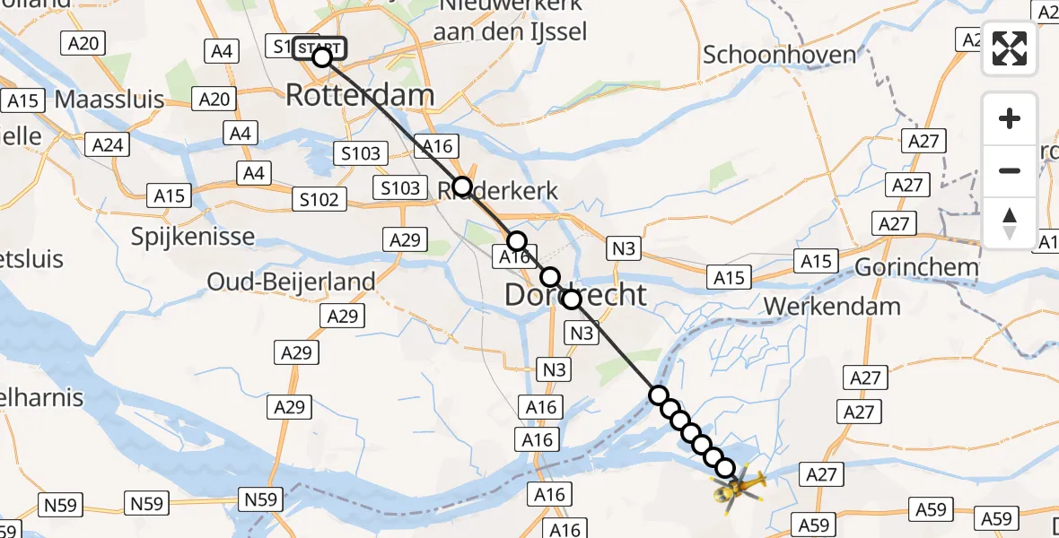 Vluchtroute Traumahelikopter Rotterdam The Hague Airport - Drimmelen, 16 mei 2026, 13:29